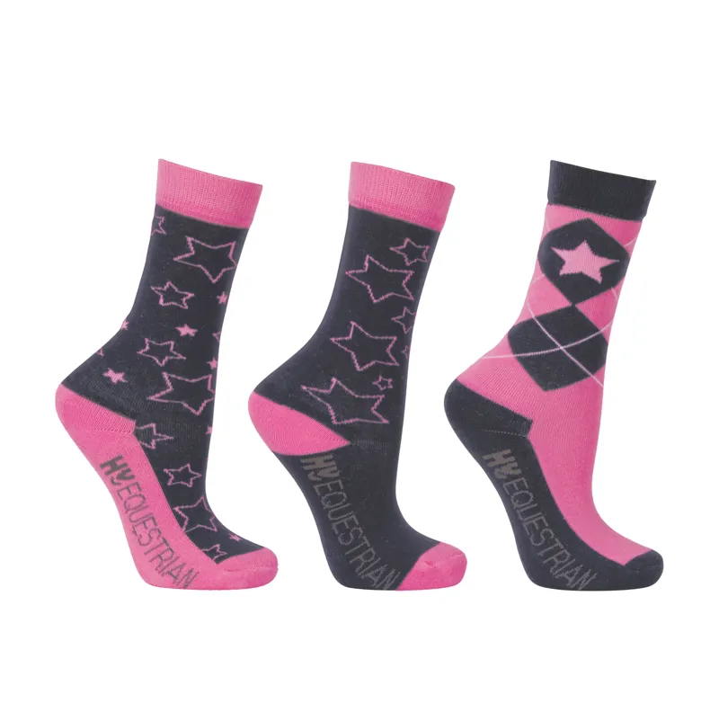 Hy Equestrian Stella Children's Socks - 3 Pack - Grey/Pink
